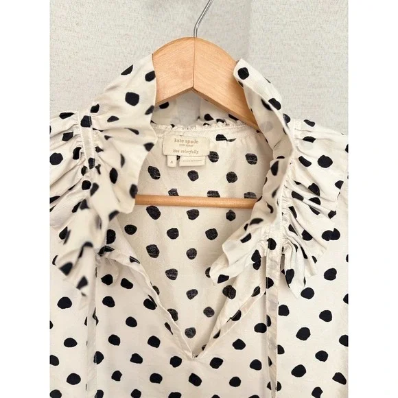 Kate Spade‎ 100% Silk Statement Polka Dot Tie Peplum Ruffle Top Ivory Black Sz 4 - Picture 2 of 6